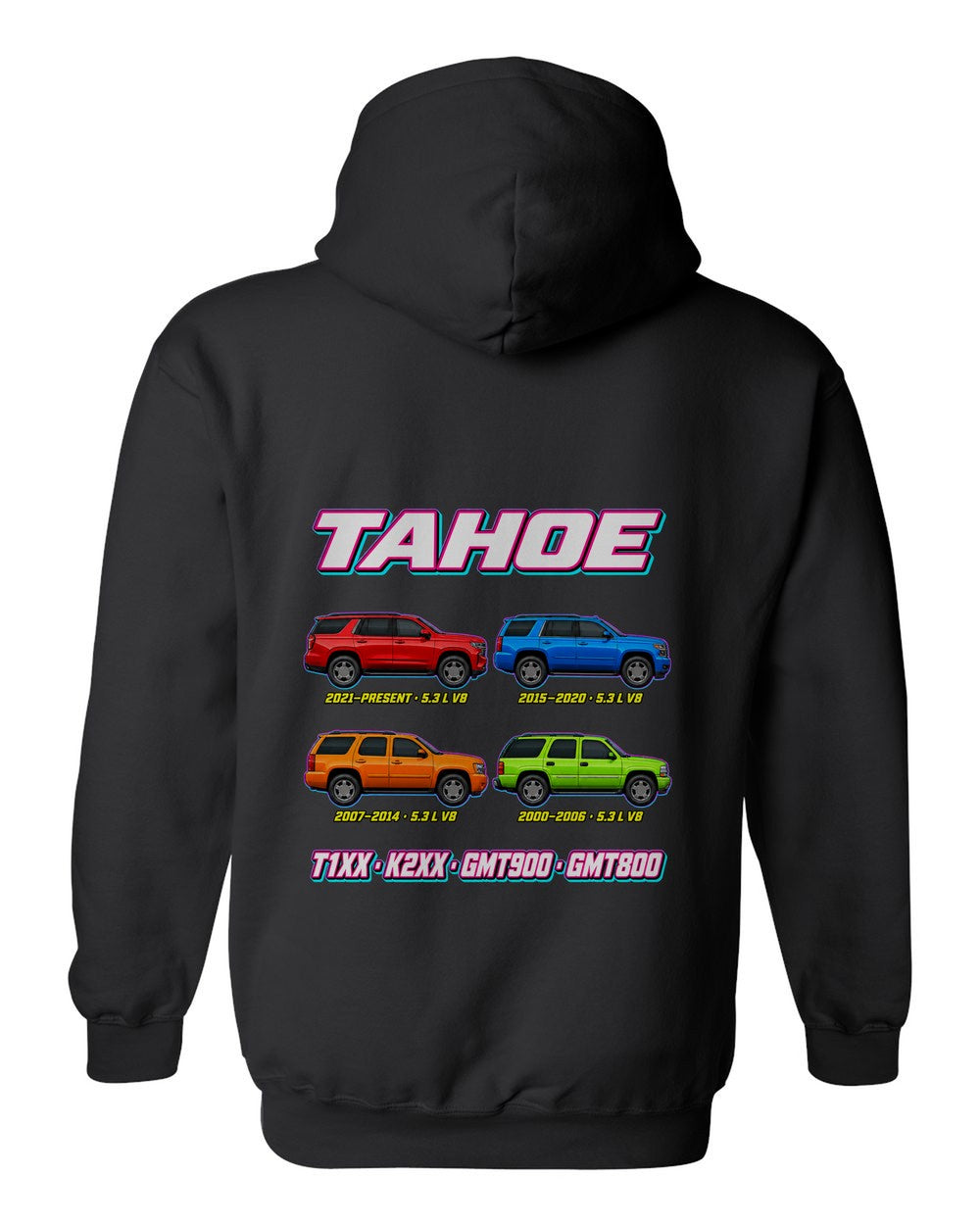 Chevrolet Tahoe evolution poster black pull over hoodie back view with the design