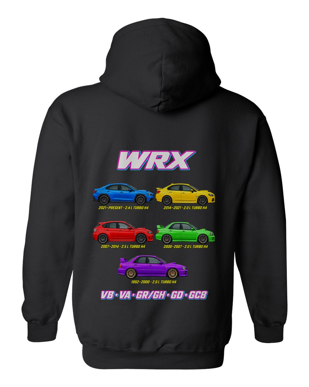 Subaru WRX evolution poster black pull over hoodie back view with the design