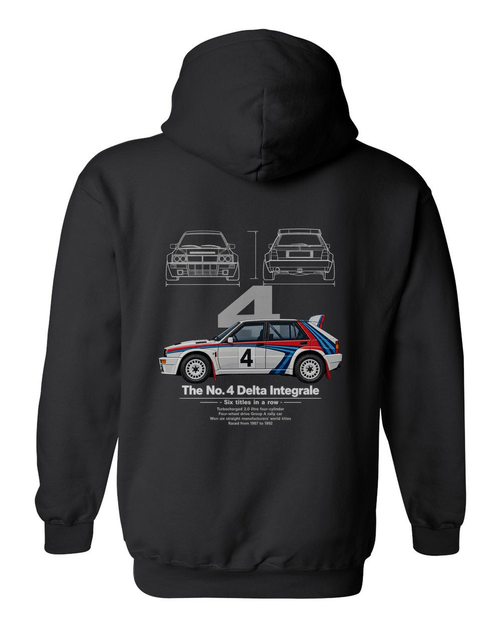No. 4 Delta Integrale black pull over hoodie back view with the design