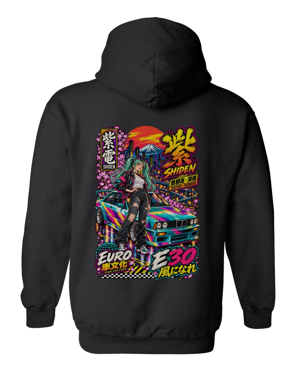 SHIDEN E30 full-back artwork black pull over hoodie back view with the design