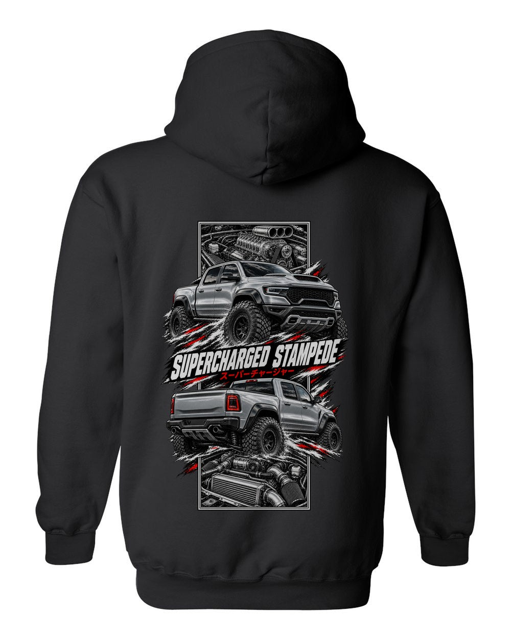 RAM 1500 Trx torn poster black pull over hoodie back view with the design