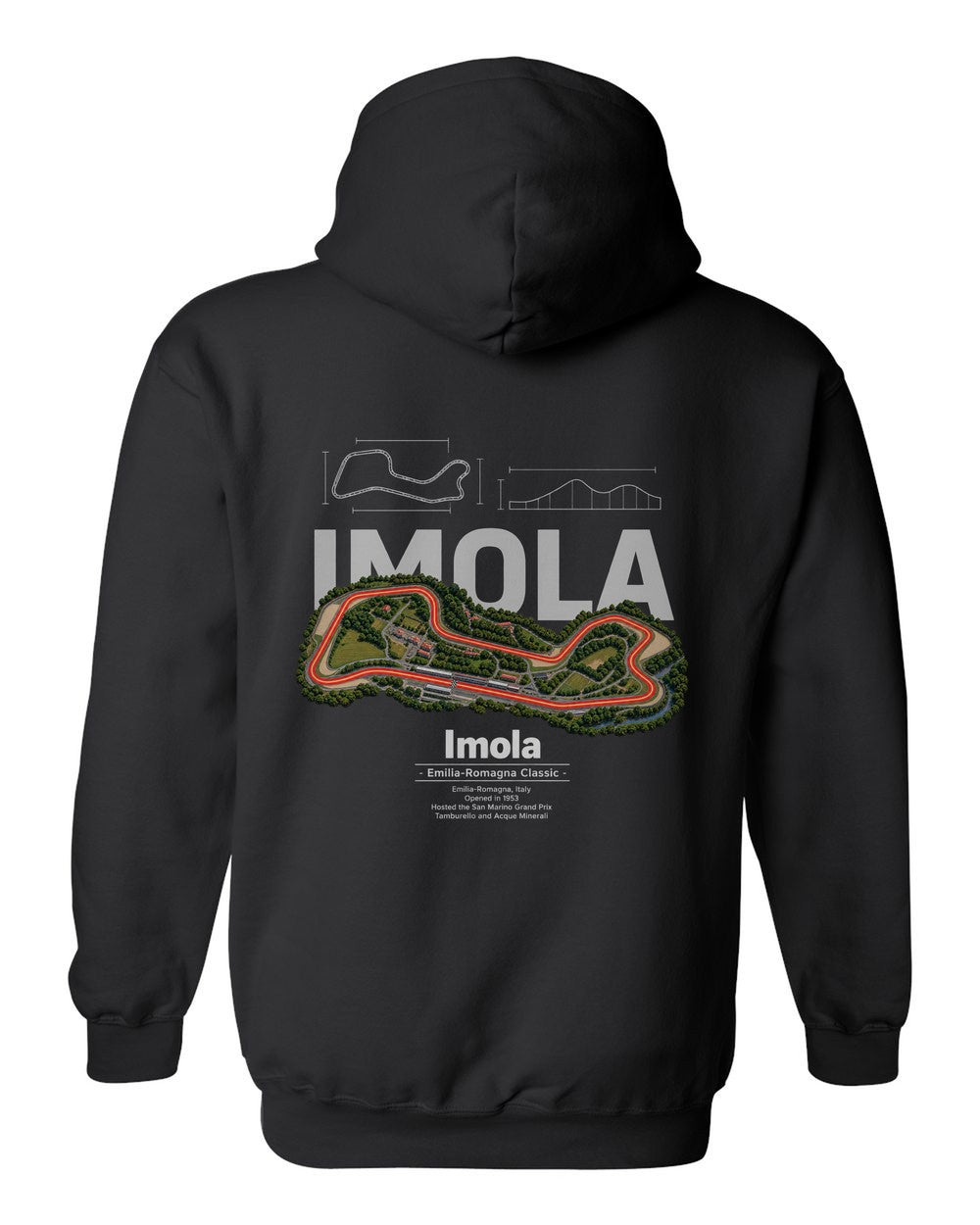Imola black pull over hoodie back view with the design