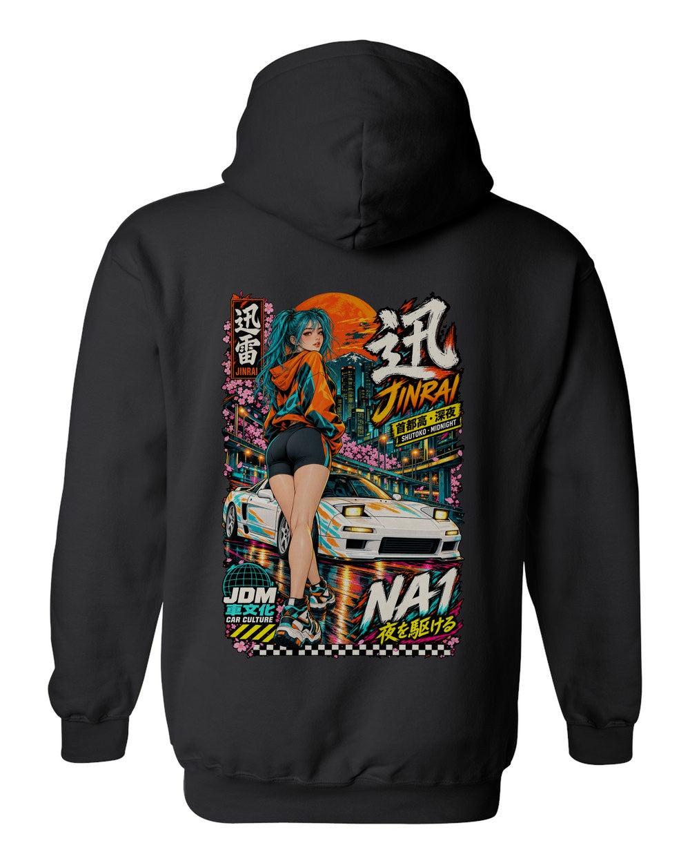 JINRAI NA1 full-back artwork black pull over hoodie back view with the design