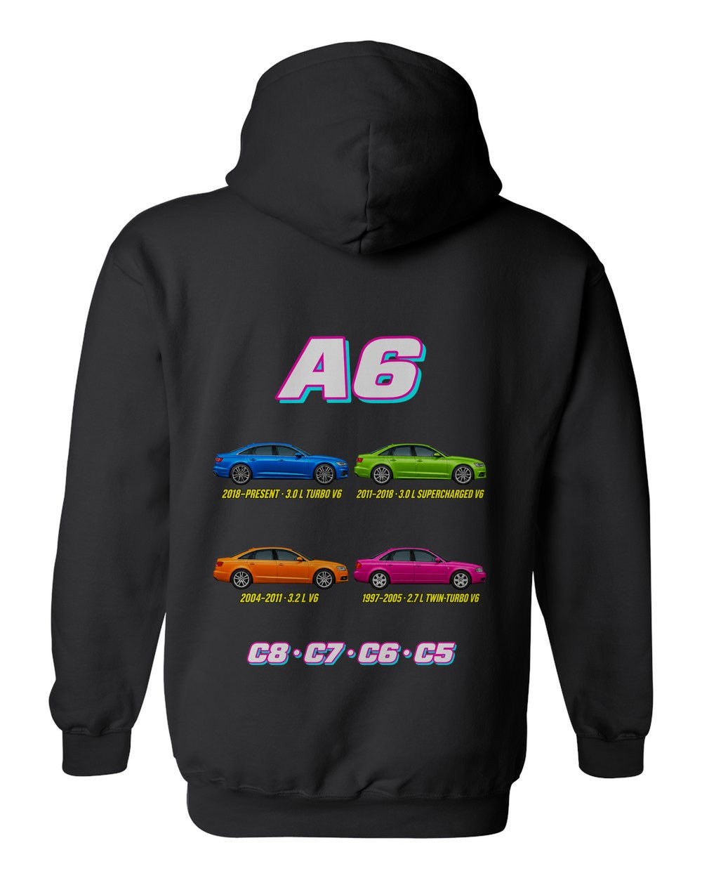 Audi A6 evolution poster black pull over hoodie back view with the design