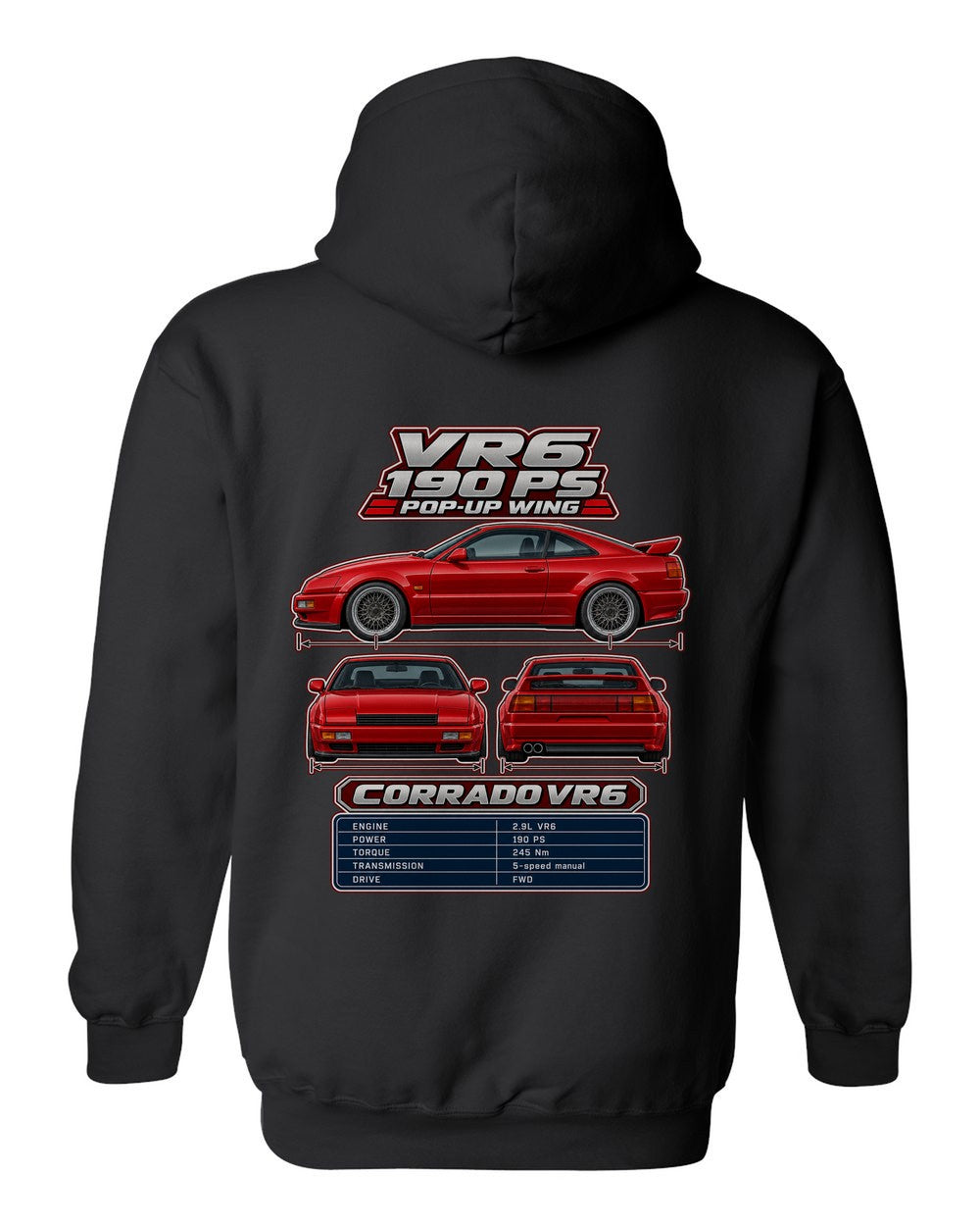 Volkswagen Corrado Vr6 spec sheet black pull over hoodie back view with the design