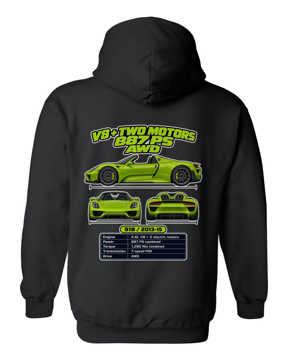 Porsche 918 Spyder spec sheet black pull over hoodie back view with the design