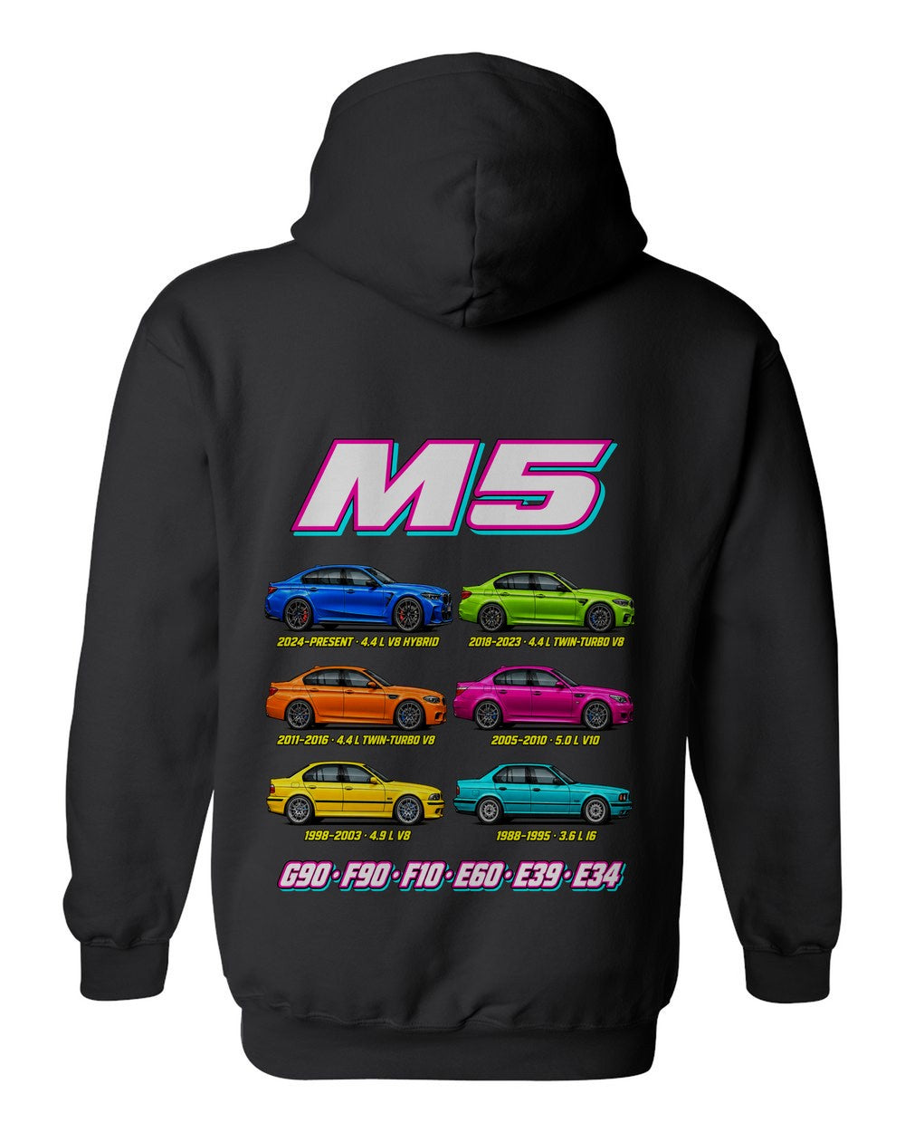 BMW M5 evolution poster black pull over hoodie back view with the design