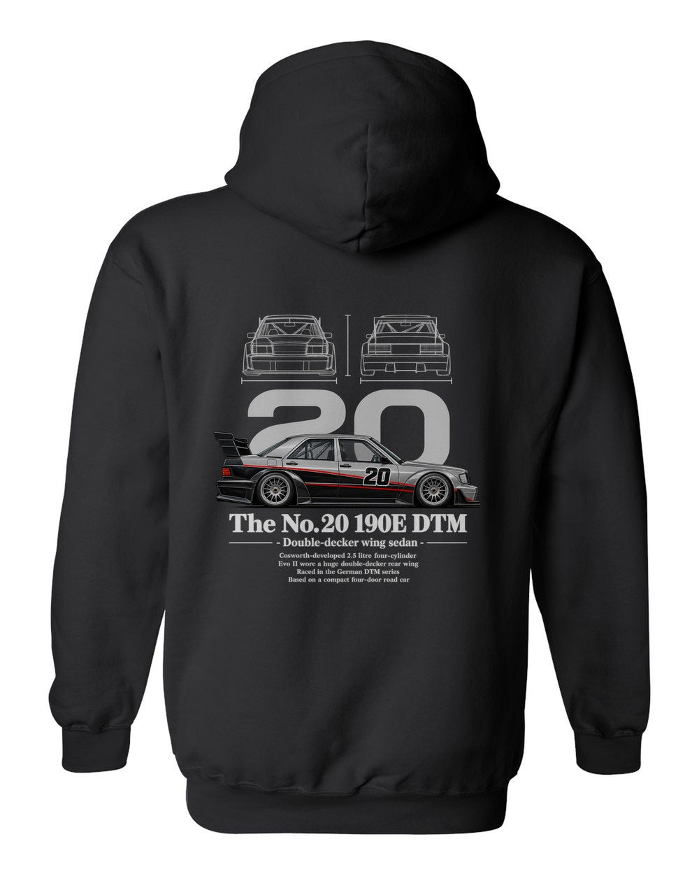 No. 20 190E DTM black pull over hoodie back view with the design