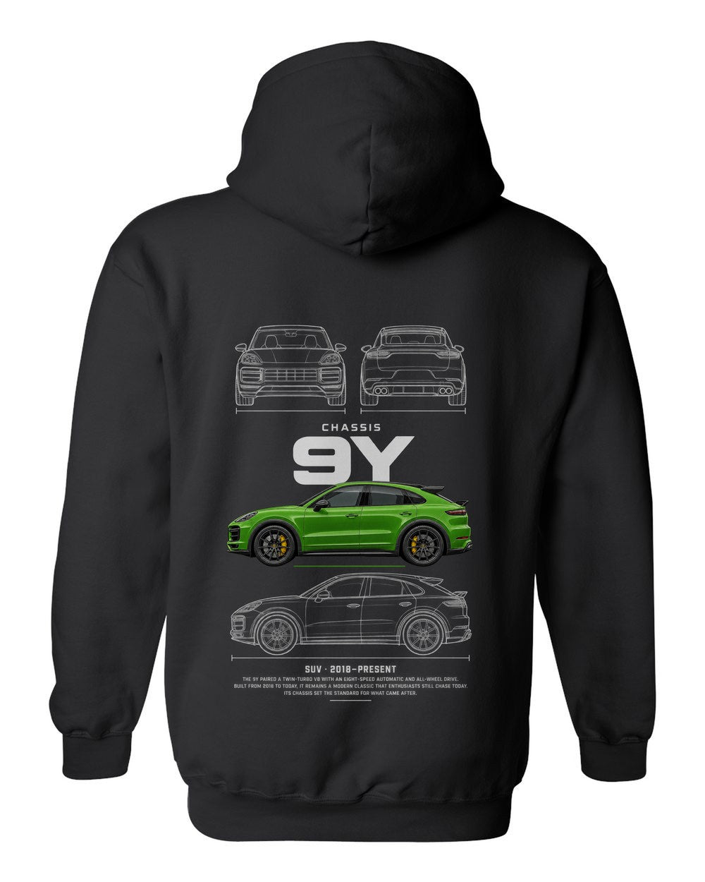 9Y full-back artwork black pull over hoodie back view with the design