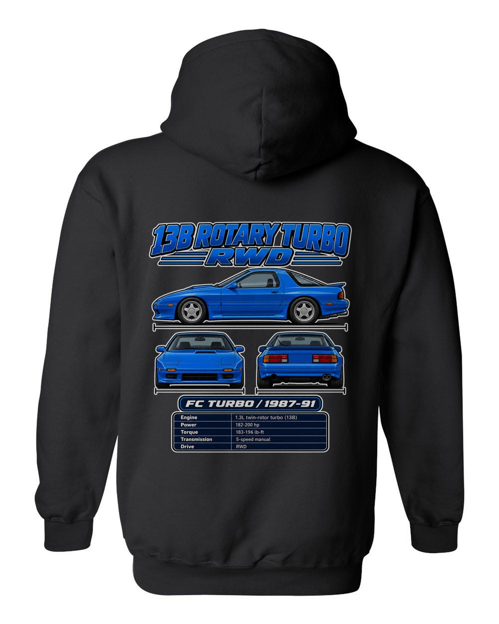 Mazda Rx 7 Fc Turbo spec sheet black pull over hoodie back view with the design