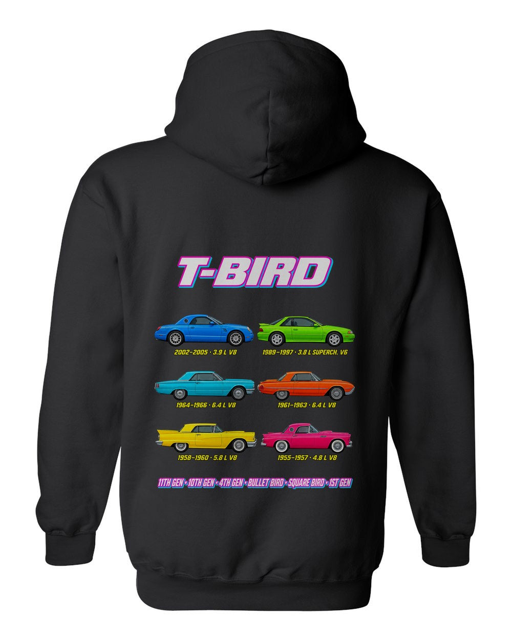 Ford Thunderbird evolution poster black pull over hoodie back view with the design