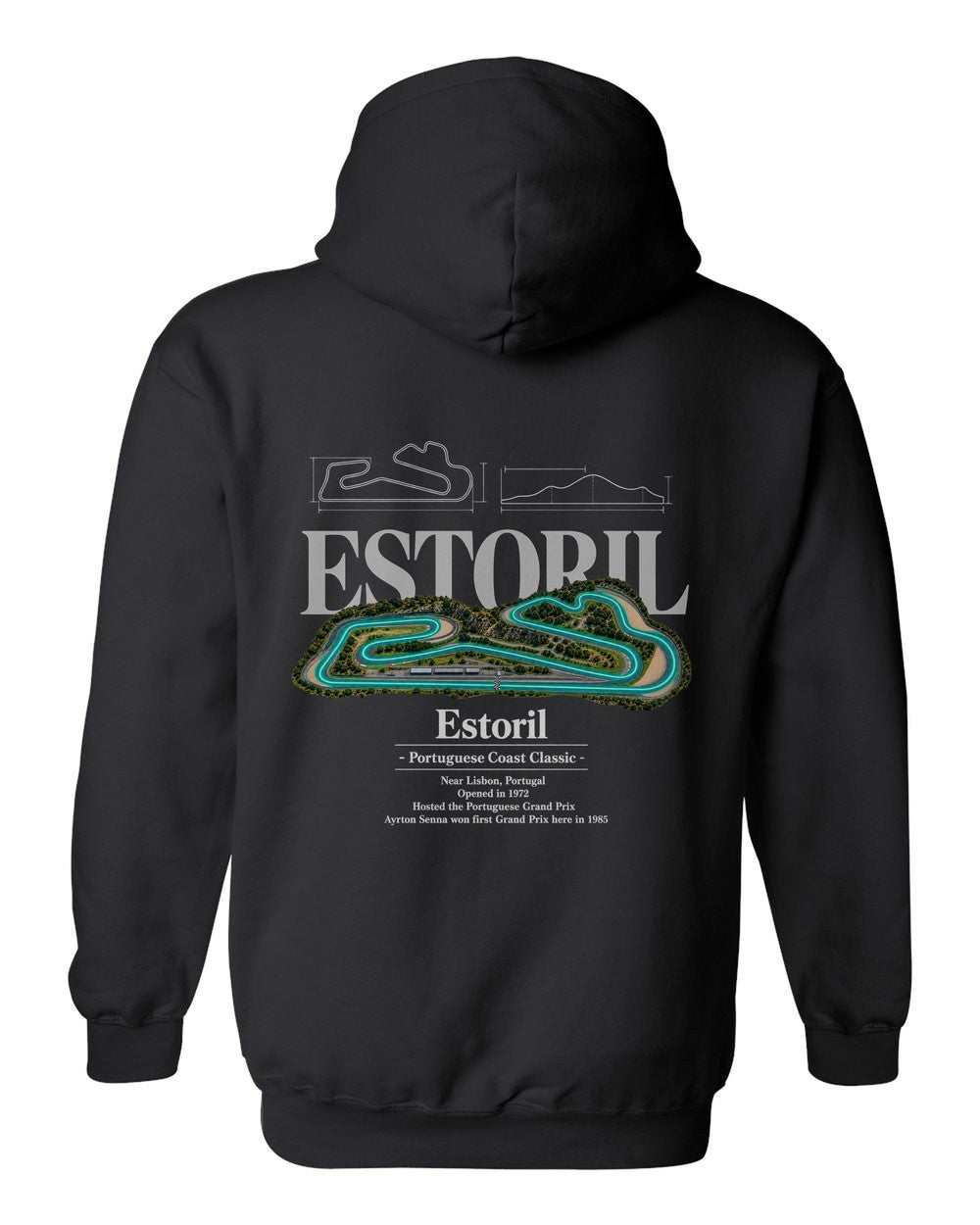 Estoril black pull over hoodie back view with the design