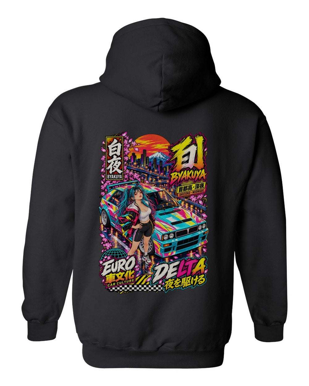 BYAKUYA DELTA full-back artwork black pull over hoodie back view with the design