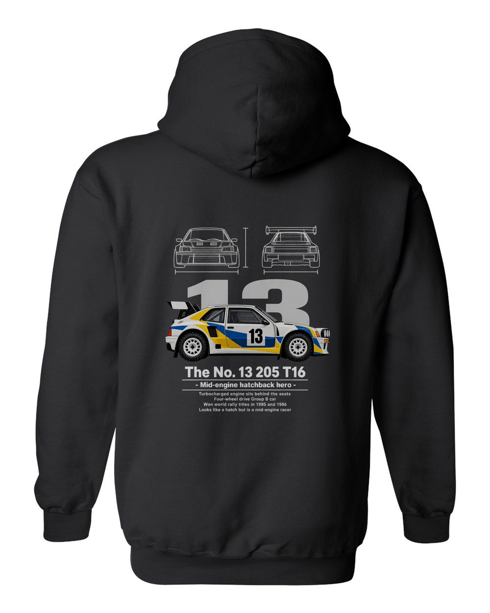 No. 13 205 T16 black pull over hoodie back view with the design