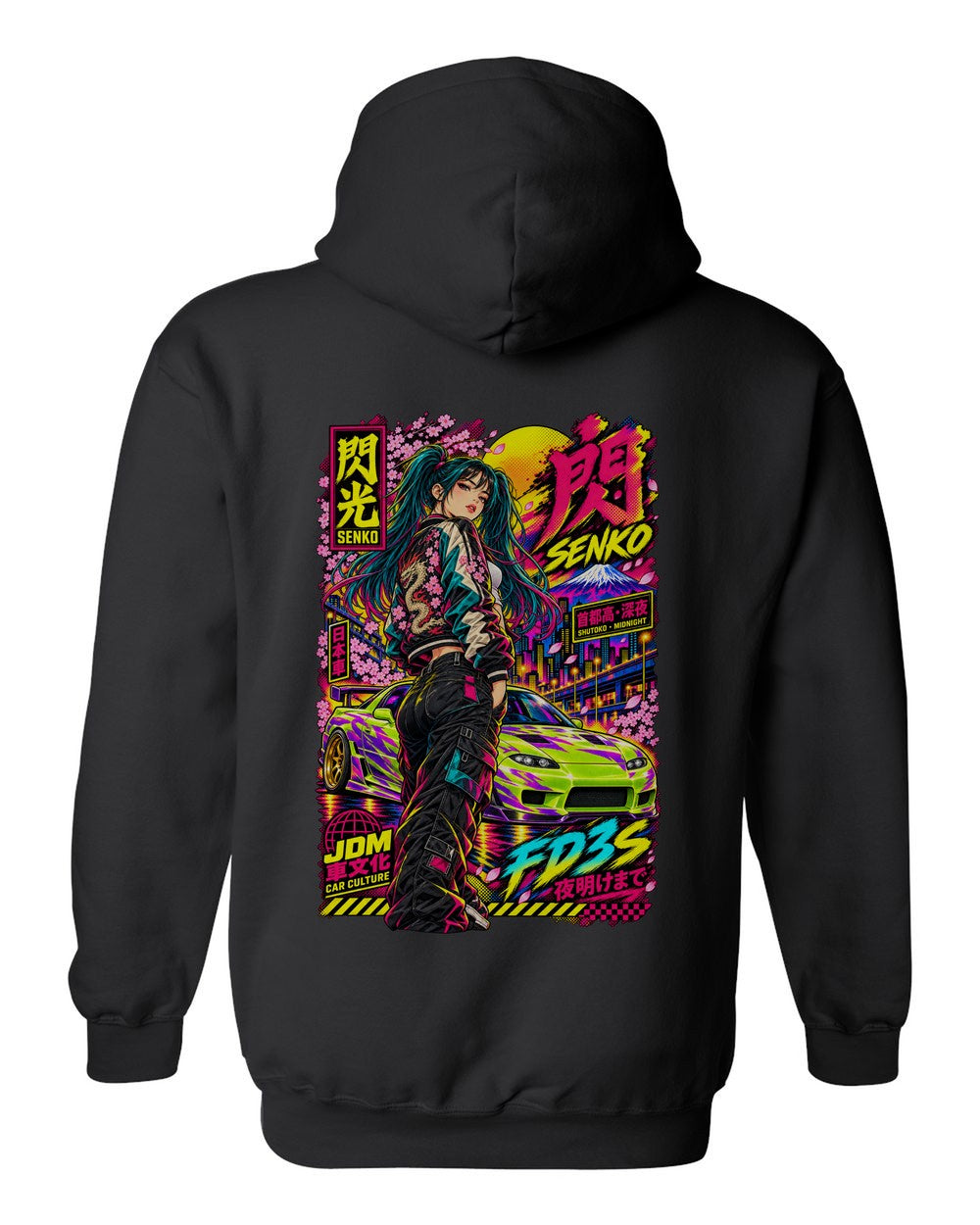 SENKO FD3S full-back artwork black pull over hoodie back view with the design