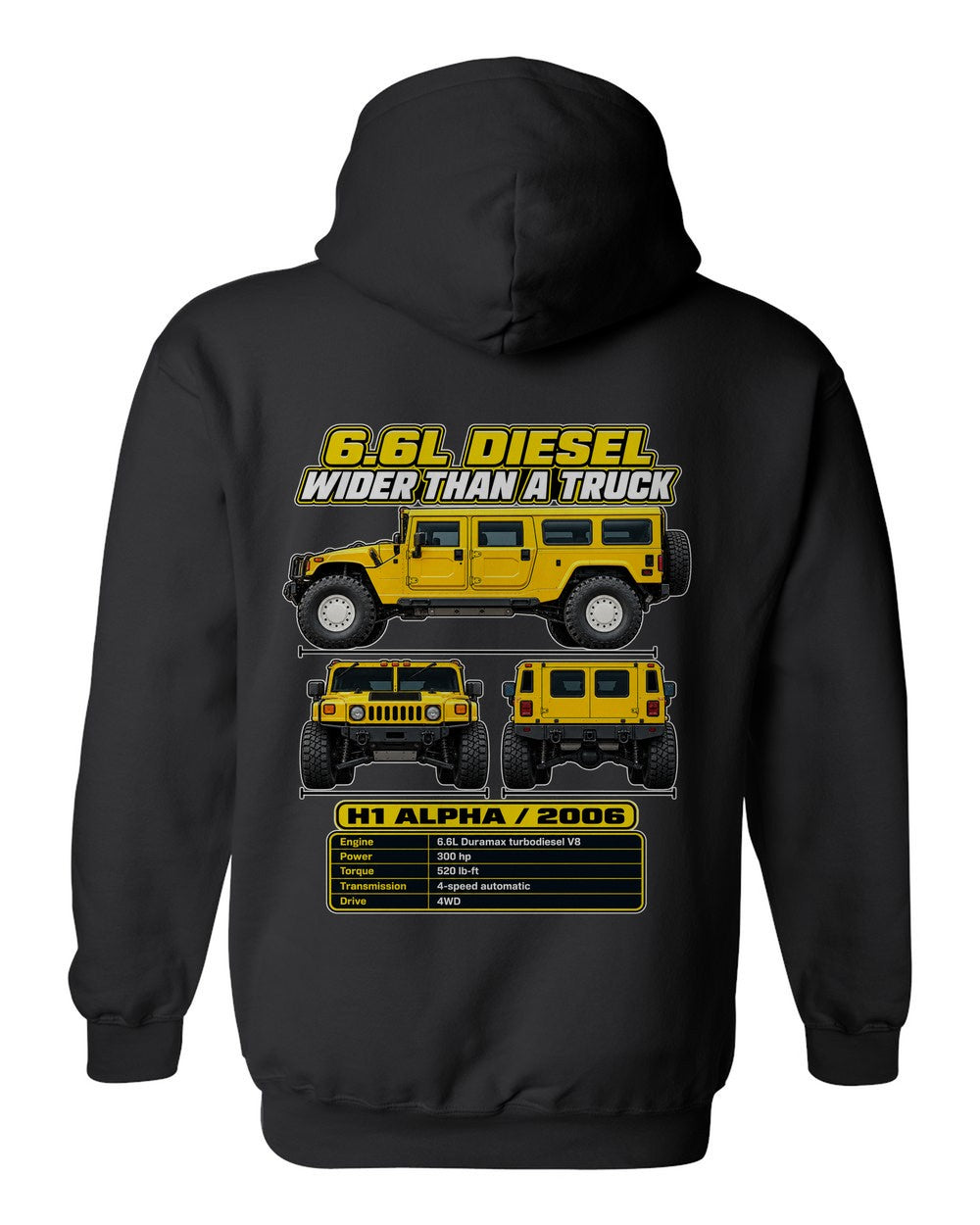 Hummer H1 Alpha spec sheet black pull over hoodie back view with the design