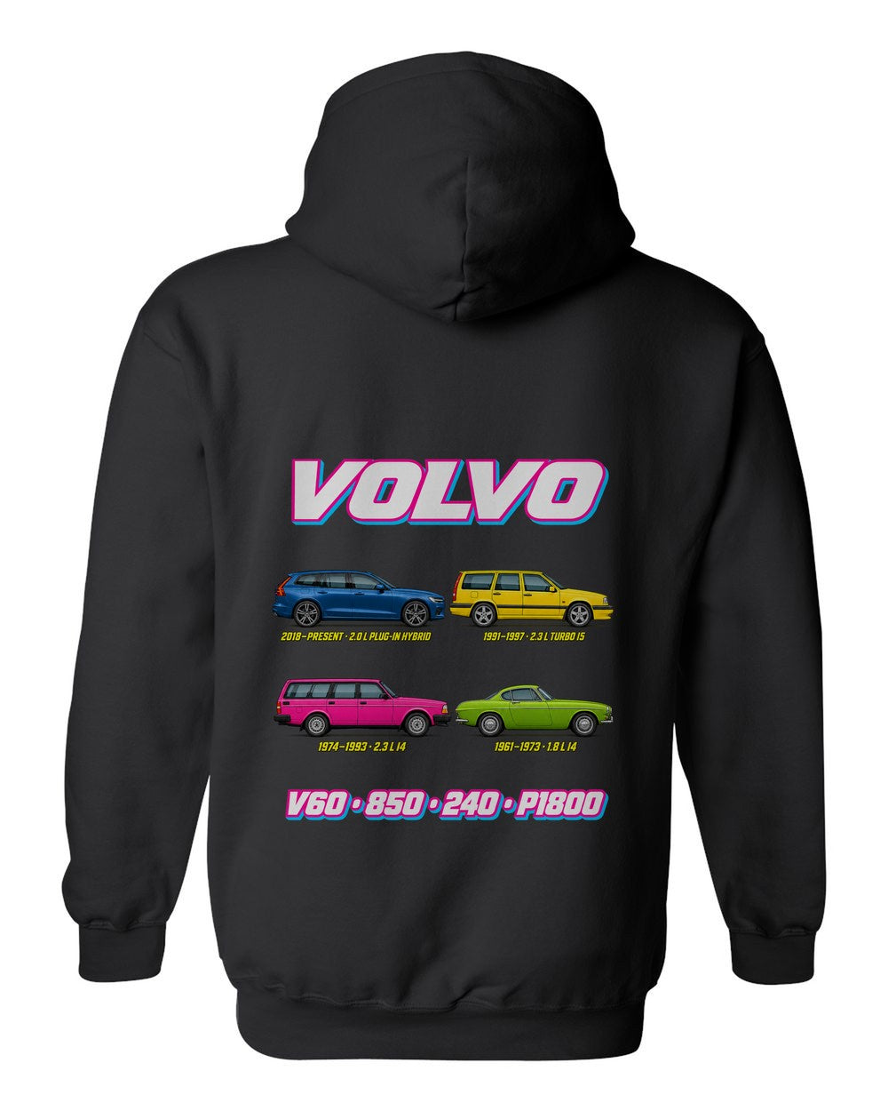 Volvo Performance evolution poster black pull over hoodie back view with the design