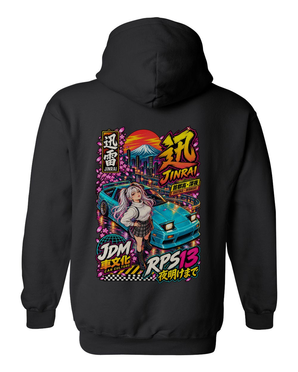 JINRAI RPS13 full-back artwork black pull over hoodie back view with the design