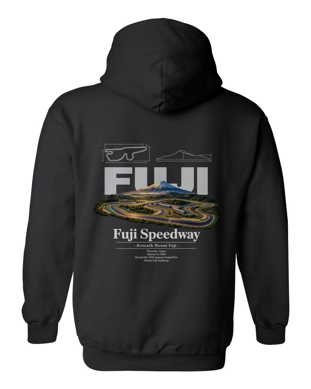Fuji Speedway black pull over hoodie back view with the design