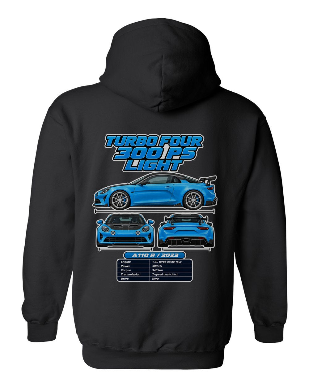 Alpine A110 R spec sheet black pull over hoodie back view with the design