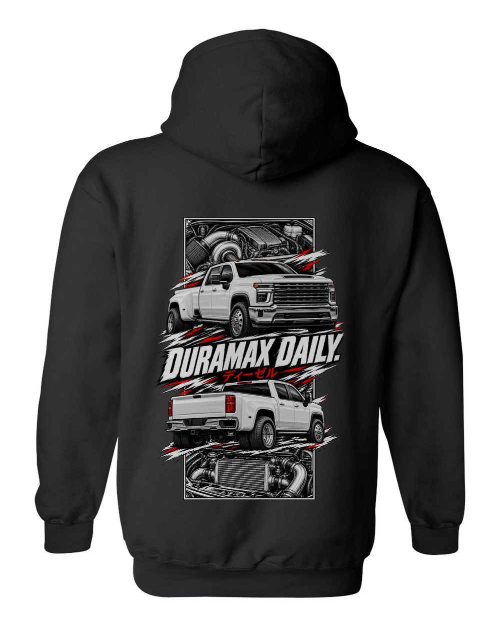 Chevy Silverado Hd torn poster black pull over hoodie back view with the design