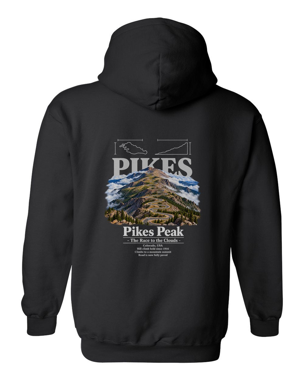 Pikes Peak black pull over hoodie back view with the design