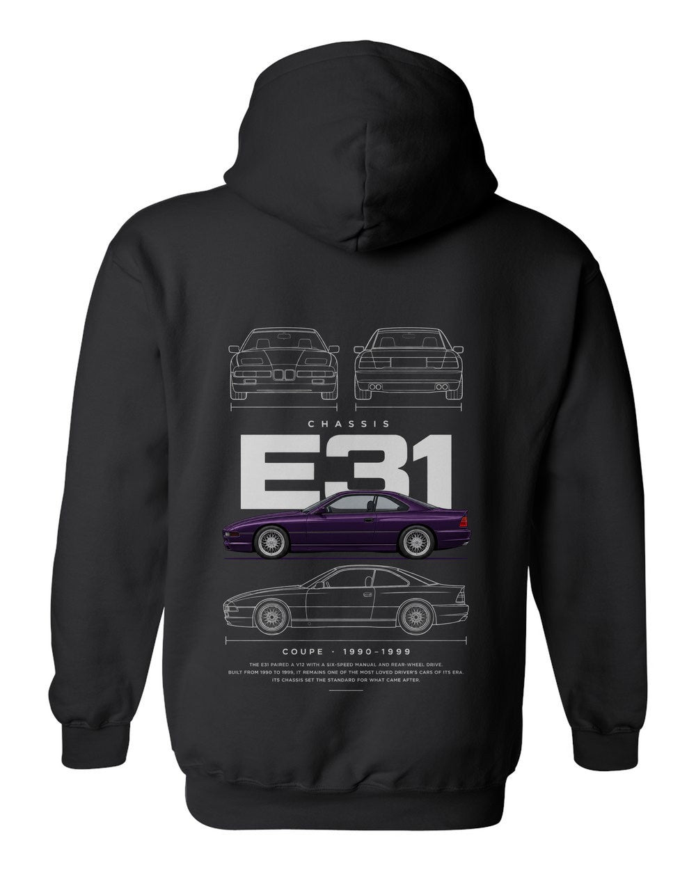 E31 full-back artwork black pull over hoodie back view with the design