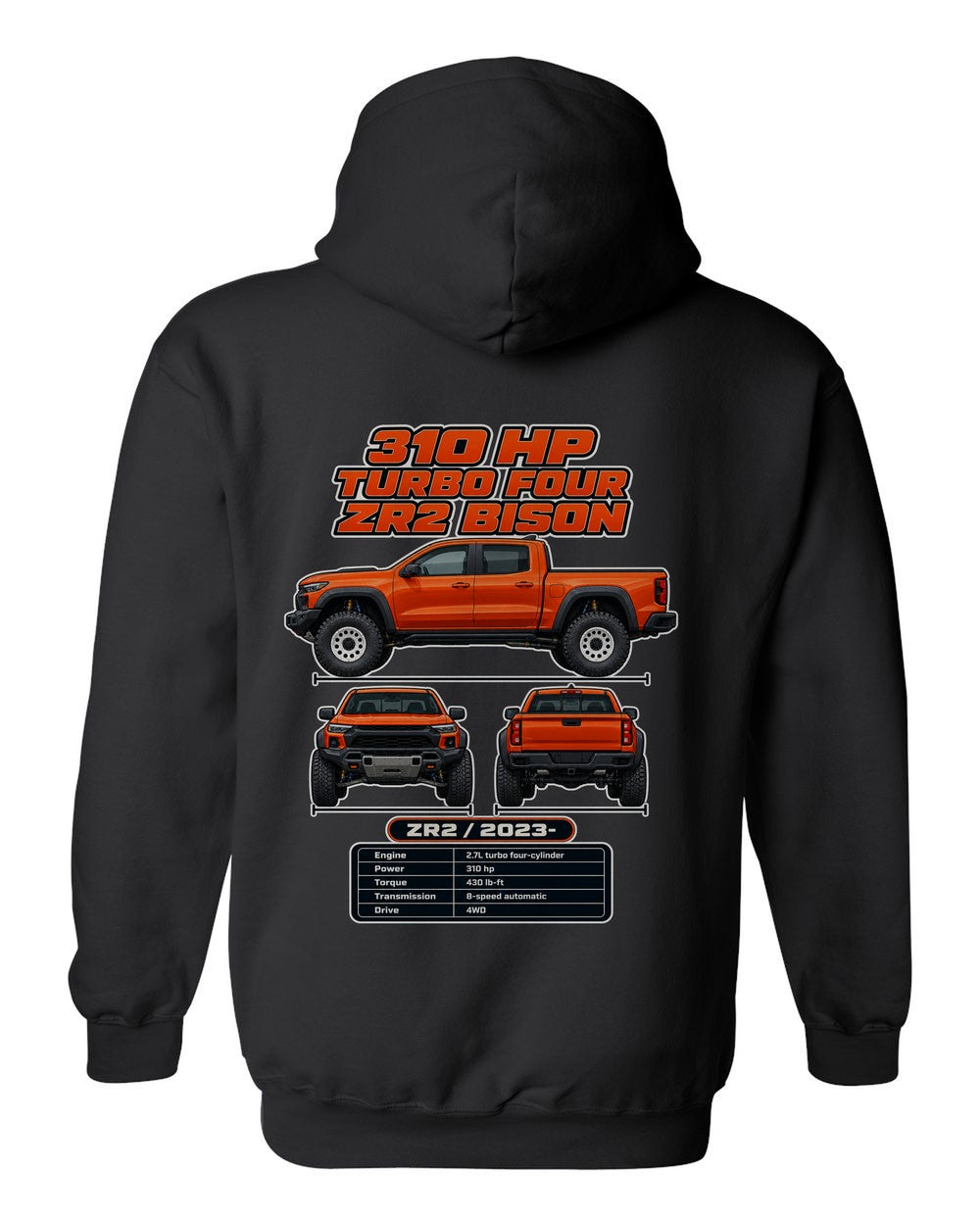 Chevrolet Colorado Zr2 Bison spec sheet black pull over hoodie back view with the design