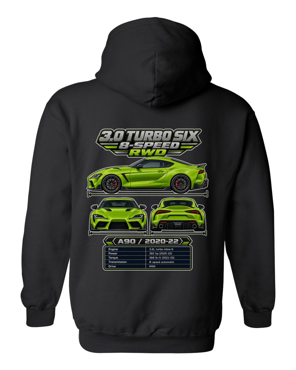 Toyota GR Supra A90 spec sheet black pull over hoodie back view with the design