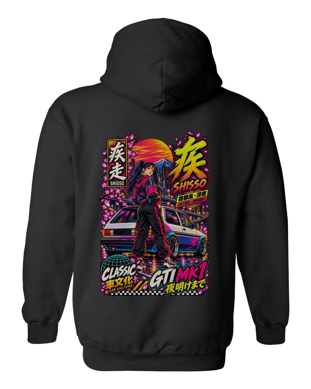 SHISSO GTI MK1 full-back artwork black pull over hoodie back view with the design