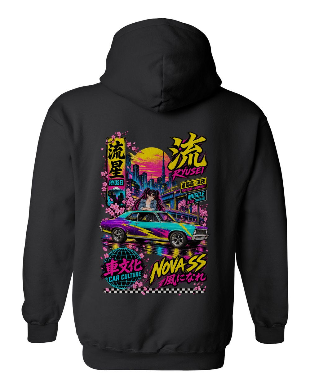 RYUSEI NOVA SS full-back artwork black pull over hoodie back view with the design