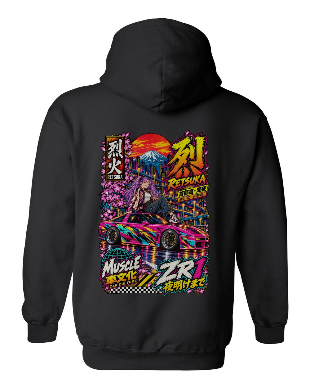 RETSUKA ZR1 full-back artwork black pull over hoodie back view with the design