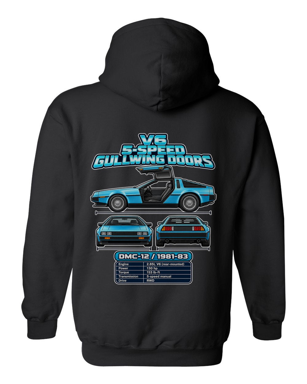 Delorean Dmc 12 spec sheet black pull over hoodie back view with the design