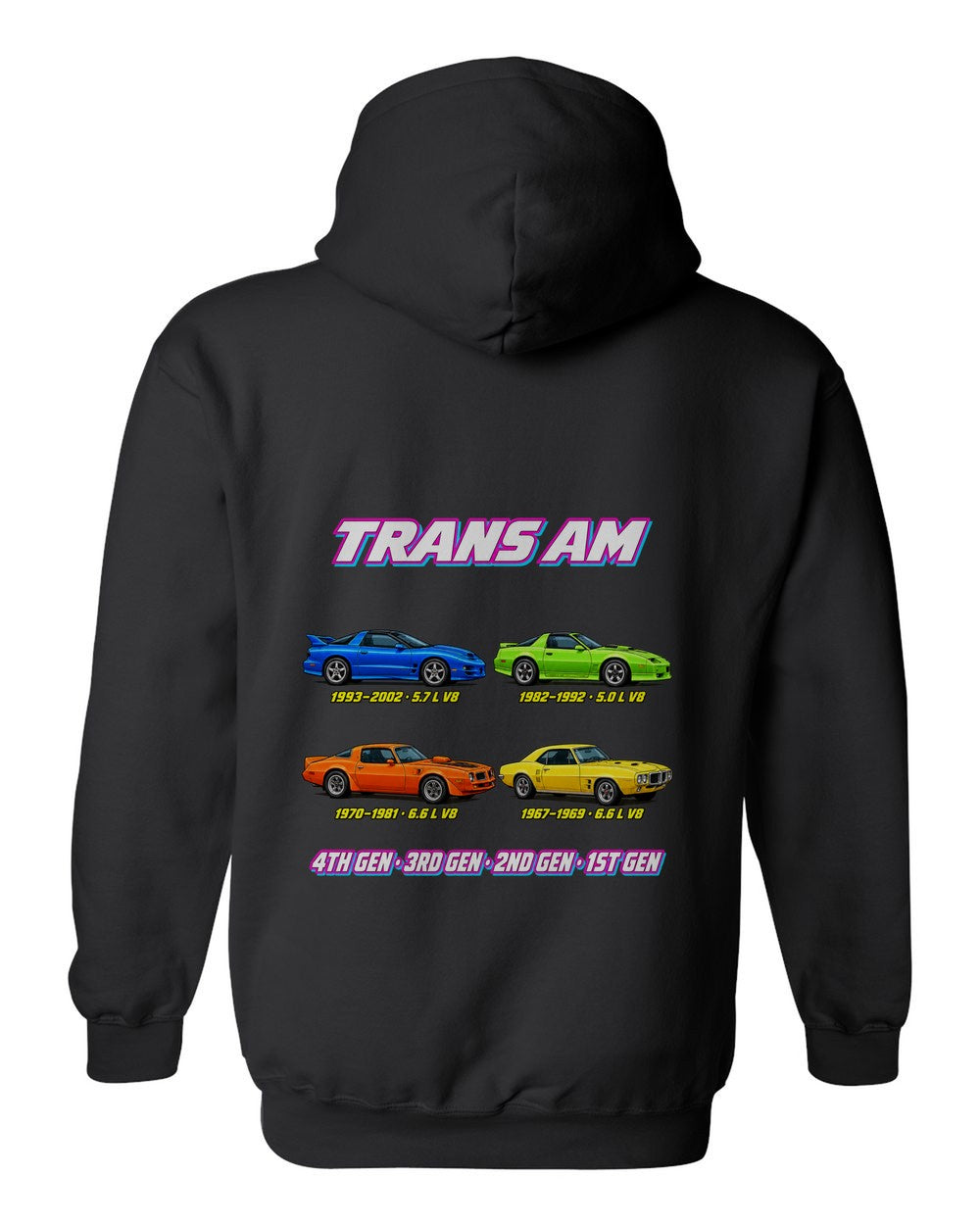 Pontiac Trans Am evolution poster black pull over hoodie back view with the design
