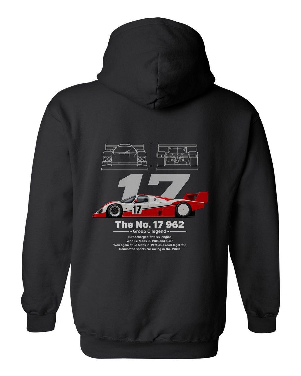 No. 17 962 black pull over hoodie back view with the design