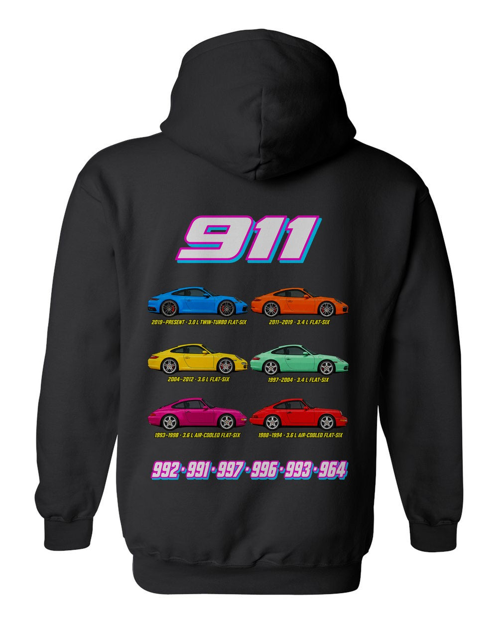 911 evolution poster black pull over hoodie back view with the design