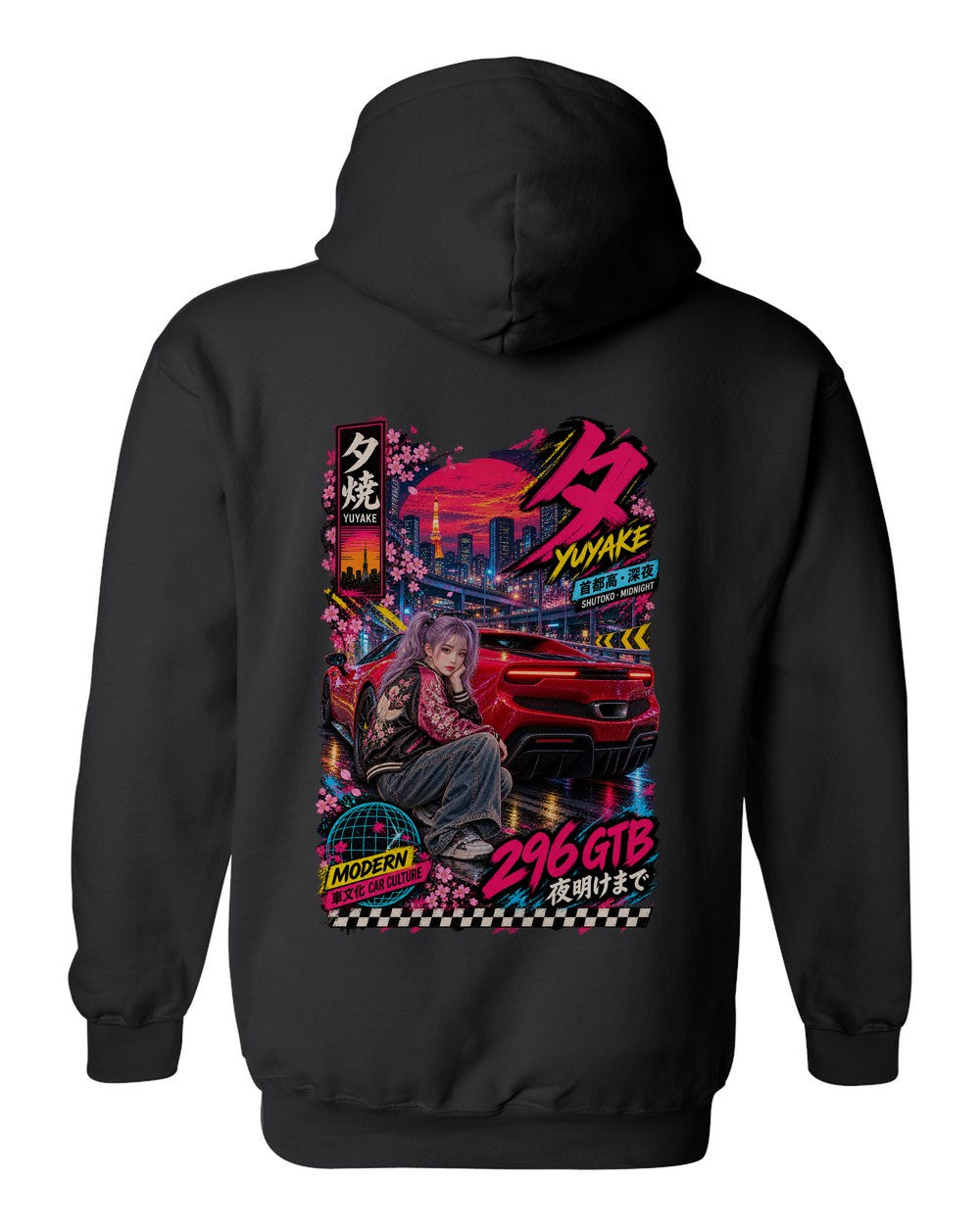 YUYAKE 296 GTB full-back artwork black pull over hoodie back view with the design