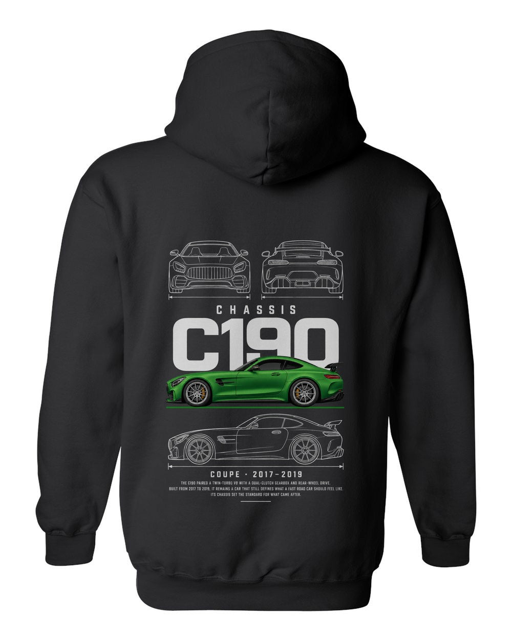 C190 full-back artwork black pull over hoodie back view with the design