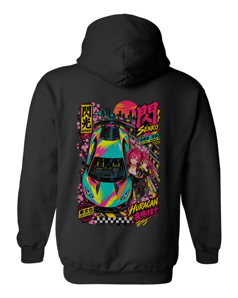 SENKO HURACAN full-back artwork black pull over hoodie back view with the design