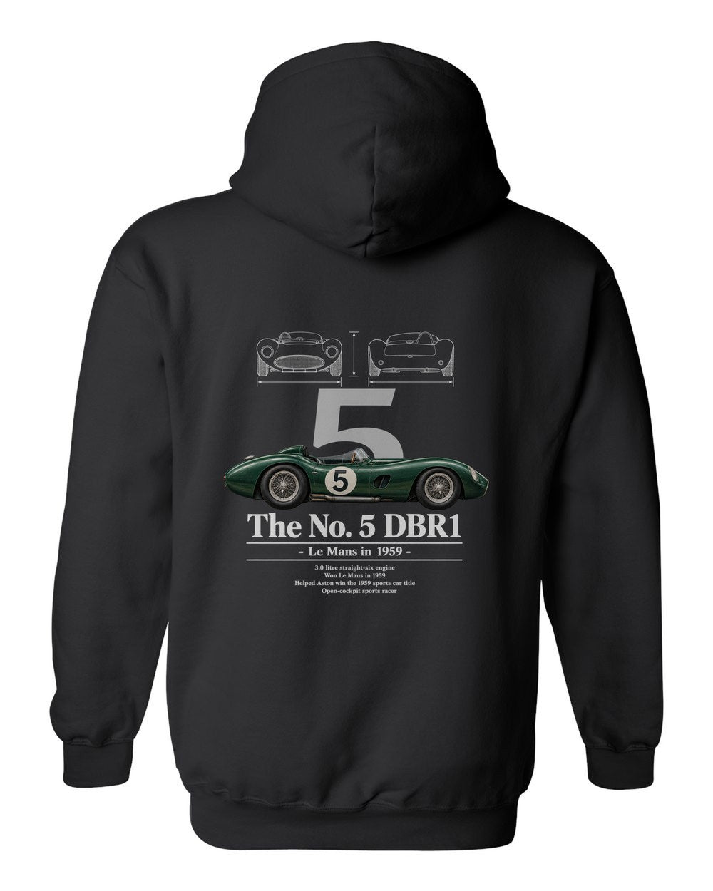 No. 5 DBR1 black pull over hoodie back view with the design