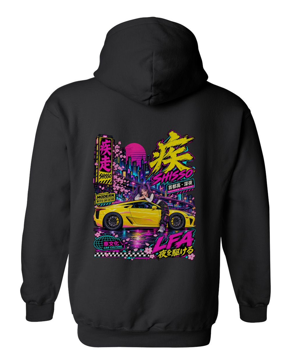SHISSO LFA full-back artwork black pull over hoodie back view with the design