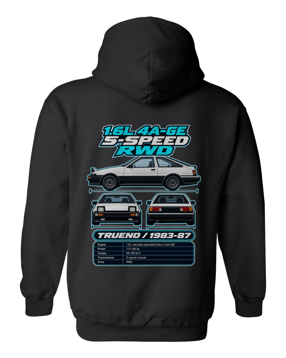 Toyota Ae86 Sprinter Trueno spec sheet black pull over hoodie back view with the design