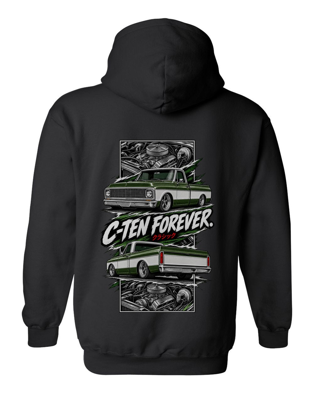 Chevy C10 1972 torn poster black pull over hoodie back view with the design