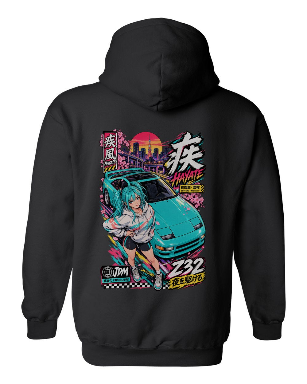 HAYATE Z32 full-back artwork black pull over hoodie back view with the design