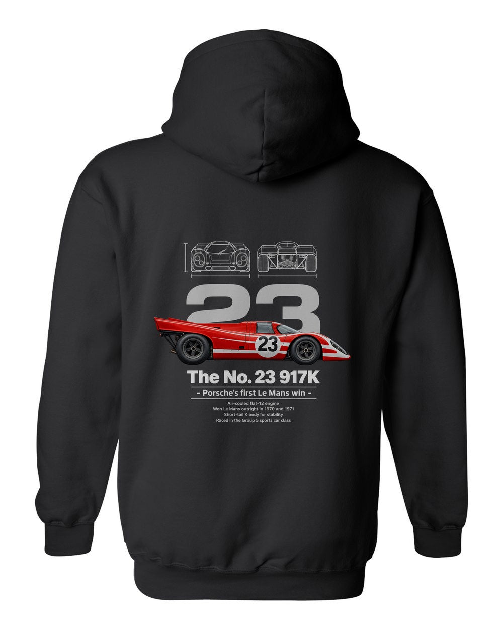 No. 23 917K black pull over hoodie back view with the design