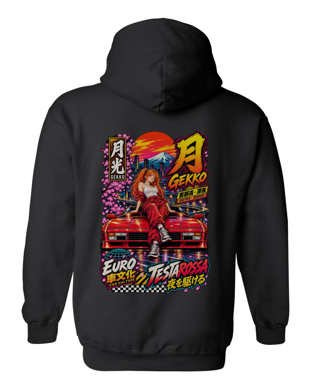 GEKKO TESTAROSSA full-back artwork black pull over hoodie back view with the design