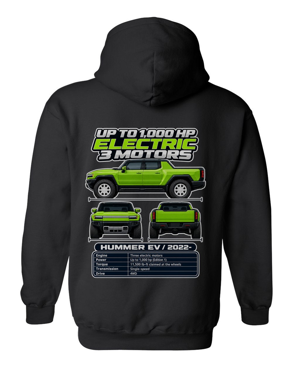 GMC Hummer Ev spec sheet black pull over hoodie back view with the design