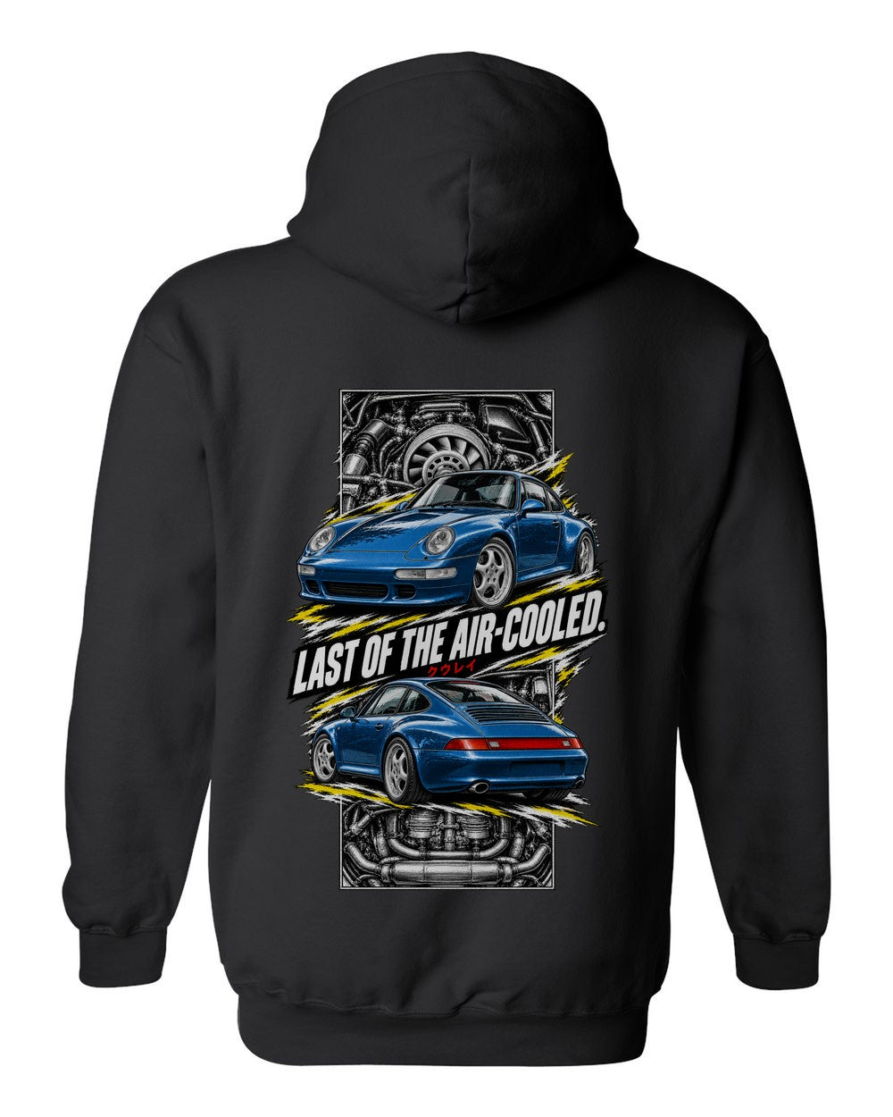 Porsche 911 993 torn poster black pull over hoodie back view with the design