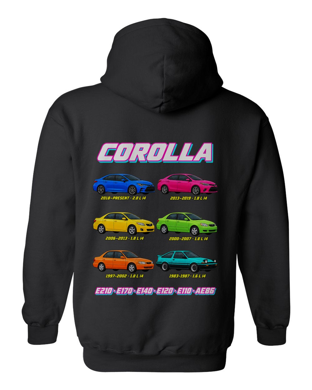 Toyota Corolla evolution poster black pull over hoodie back view with the design