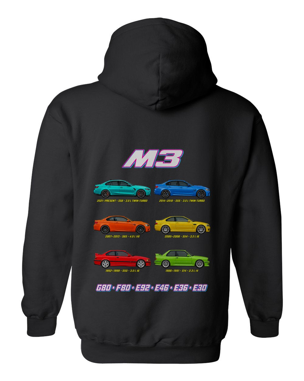 M3 evolution poster black pull over hoodie back view with the design